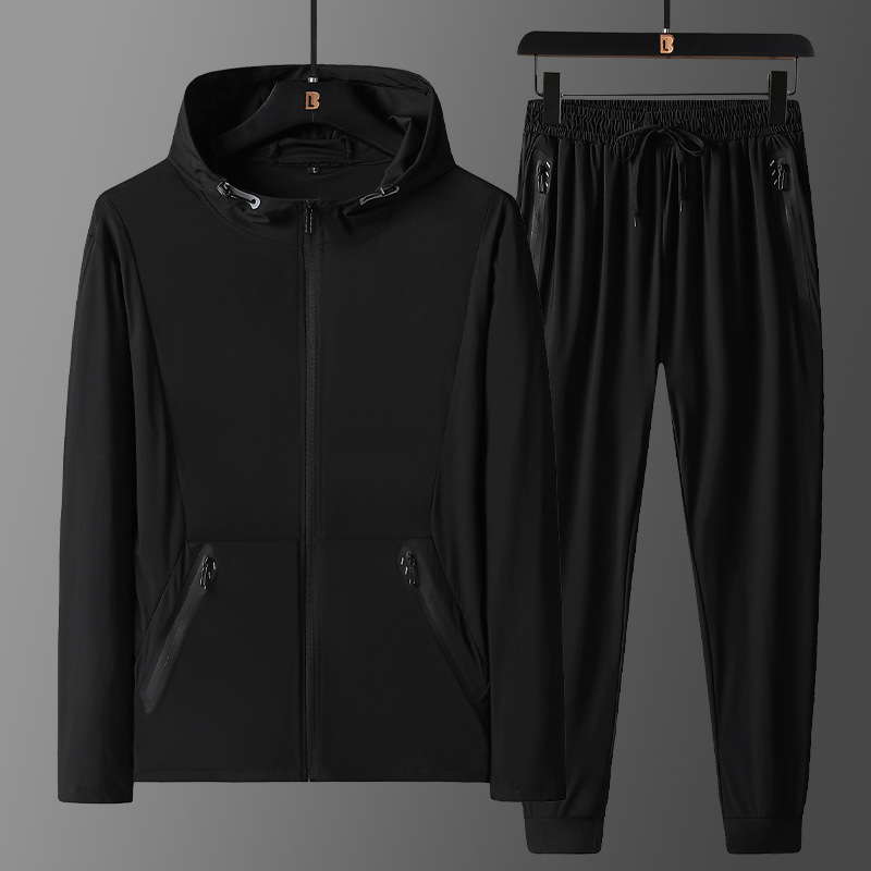 Completo sportivo ad asciugatura rapida da uomo – T-shirt con cappuccio in seta ghiacciata e pantaloni jogger (M-5XL) – Leggero e traspirante – Abbigliamento da palestra e casual_voghion.com