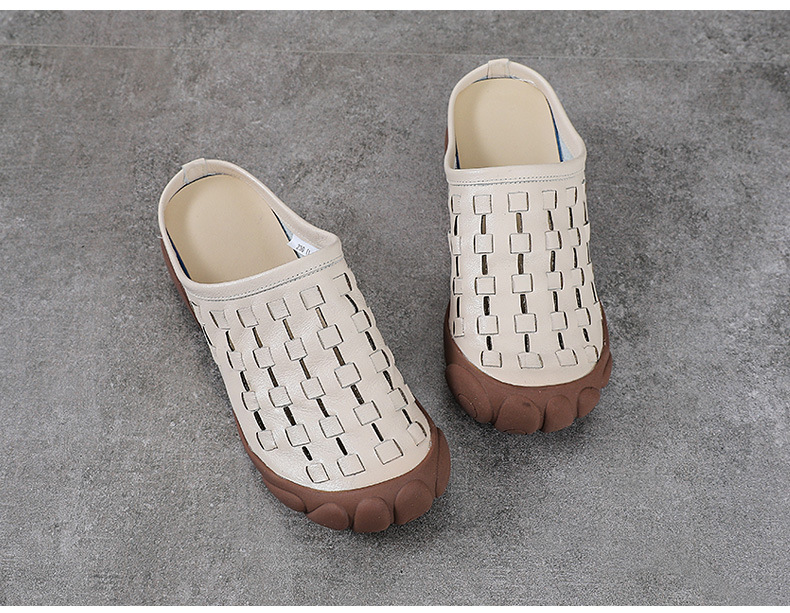 Dép sandal nữ quai chữ V đan thủ công da bò mềm đế bệt — màu trắng ngà chi tiết 11