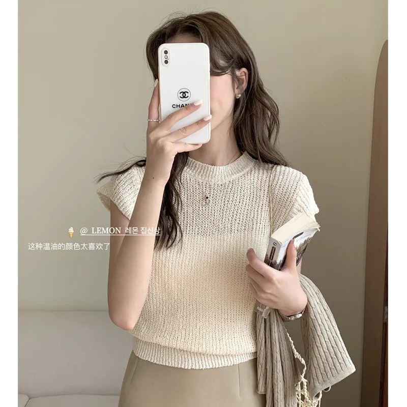 Ice Silk Short-Sleeved Sweater New Summer Popular Bottoming Shirt Short High-End French Small Flying Sleeve Top Pink