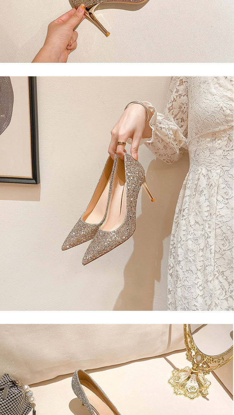 A133 scarpe da sposa con tacco sottile estivo in pelle a punta con paillettes dorate piccole e profumate scarpe da sposa da donna in stile francese_voghion.com