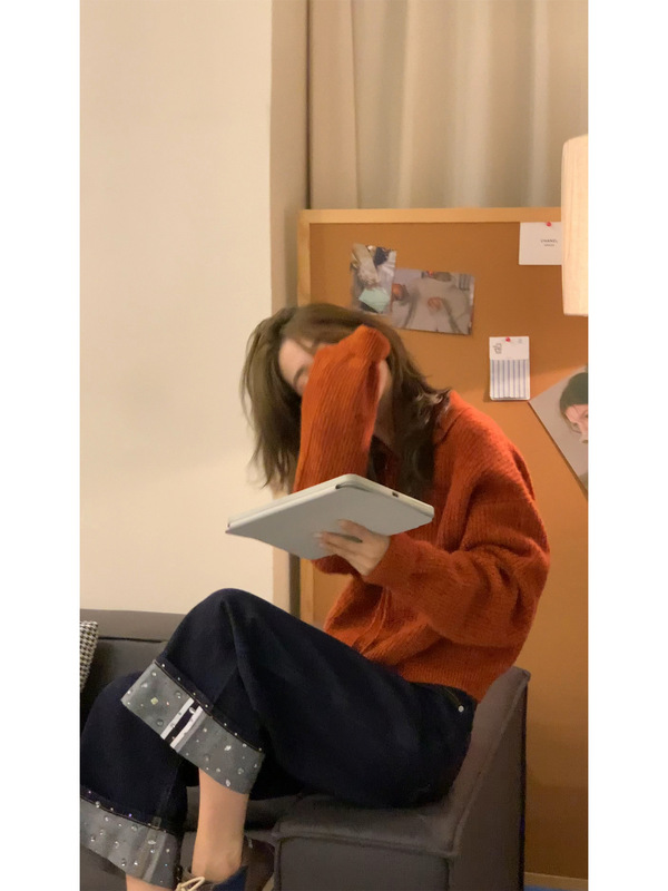 韩系温柔风简约纯色系带翻领毛衣女秋冬软糯百搭松弛感针织衫上衣|undefined