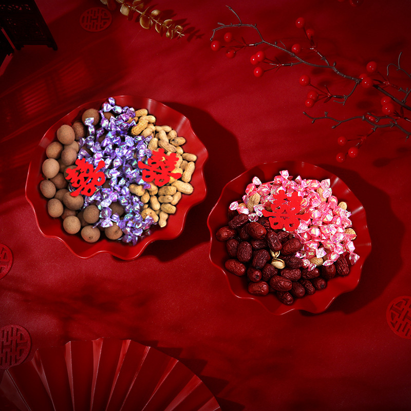 Productos de boda al por mayor nuevos platos de bodas chinos de encaje rojo platos de frutas secas platos de bodas grandes y medianos
