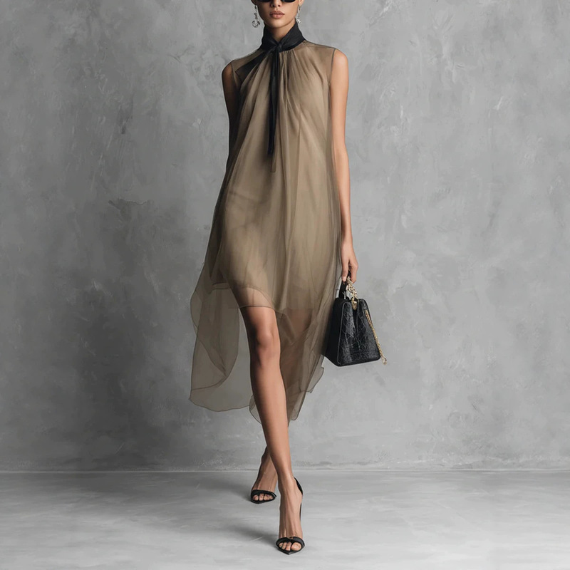 European and American cross-border 2026 summer new high-neck tie-back sleeveless chiffon dress, irregular mid-length, elegant women's dress