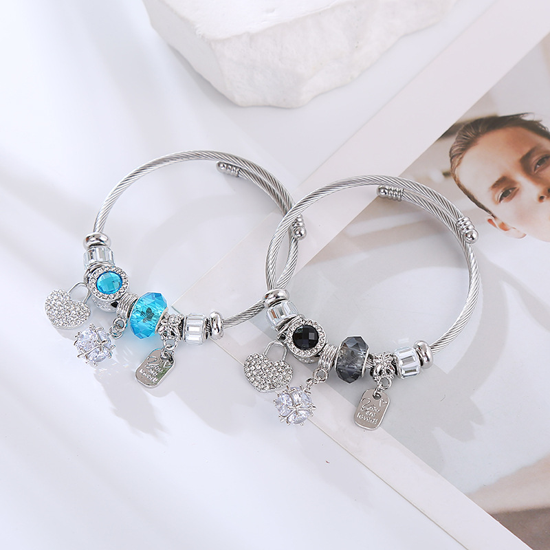 Pandora Style Heart Lock Bracelet Alloy Diamond Encrusted Bangle_voghion.com