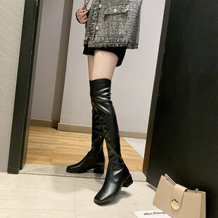 2024 New Autumn and Winter Long Boots for Women Thick Heel Square Toe Suede Elastic Over-The-Knee Boots Fashionable Slim Boots