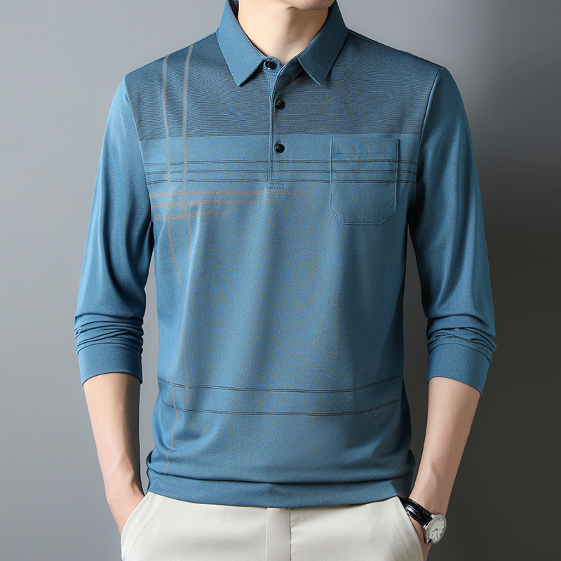 Otoño camisa de fondo superior delgada de manga larga para hombres jóvenes y de mediana edad solapa bolsillo real camiseta casual papá hombres