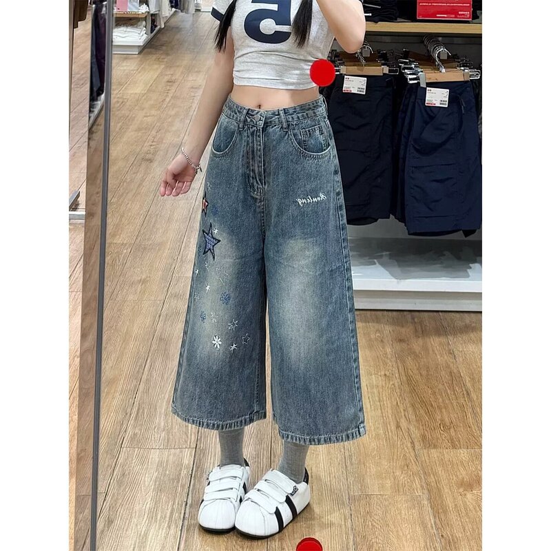 American Retro Star Print Denim Cropped Pants 2026 Summer Thin Loose Washed Wide-Leg Shorts