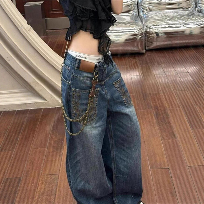 美式复古辣妹低腰解构弯刀牛仔裤女夏季高街设计感宽松显瘦阔腿裤|undefined