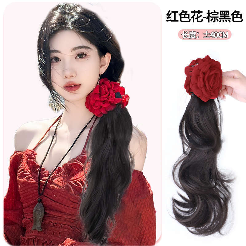 抓夹马尾假发辫子女仿真人发梦玲同款香蕉夹大波浪低马尾抓夹假发|undefined