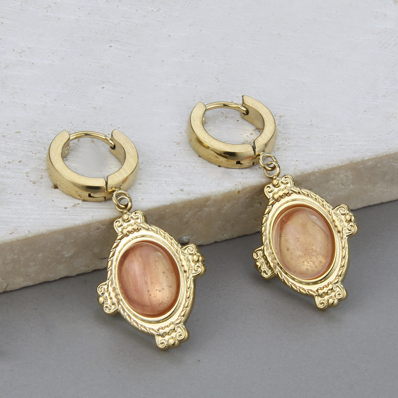 Retro Oval Titanium Steel Earrings Necklace Inlay Artificial Gemstones Stainless Steel Necklaces