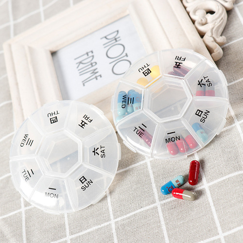 Portable pill box for seven days, mini round seven-compartment pill box, travel one-week pill box, transparent storage box