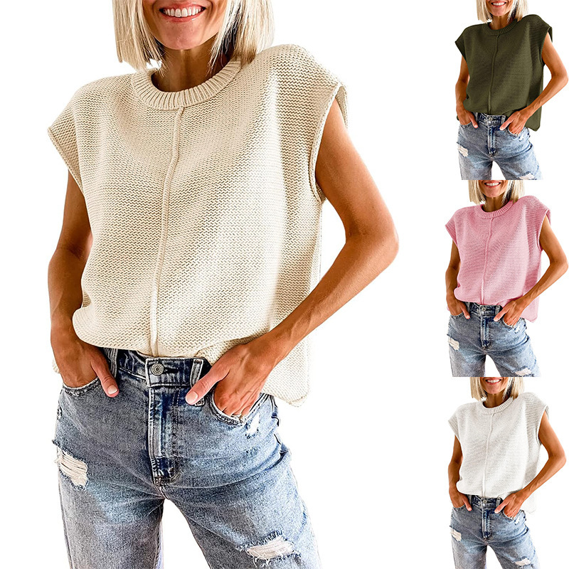 Dunhuang.Com Women's Fashion Knitted Vest Pullover Sleeveless Round Neck Casual Solid Color Sweater Women's Clothing