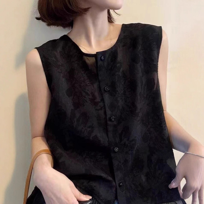 Black Round-Neck Jacquard Sleeveless Vest Shirt for Women, New Summer Style with Ruffle Design, Stylish and Slimming Top Black Round-Neck Jacquard Sleeveless Vest Shirt for Women, New Summer Style with Ruffle Design, Stylish and Slimming Top