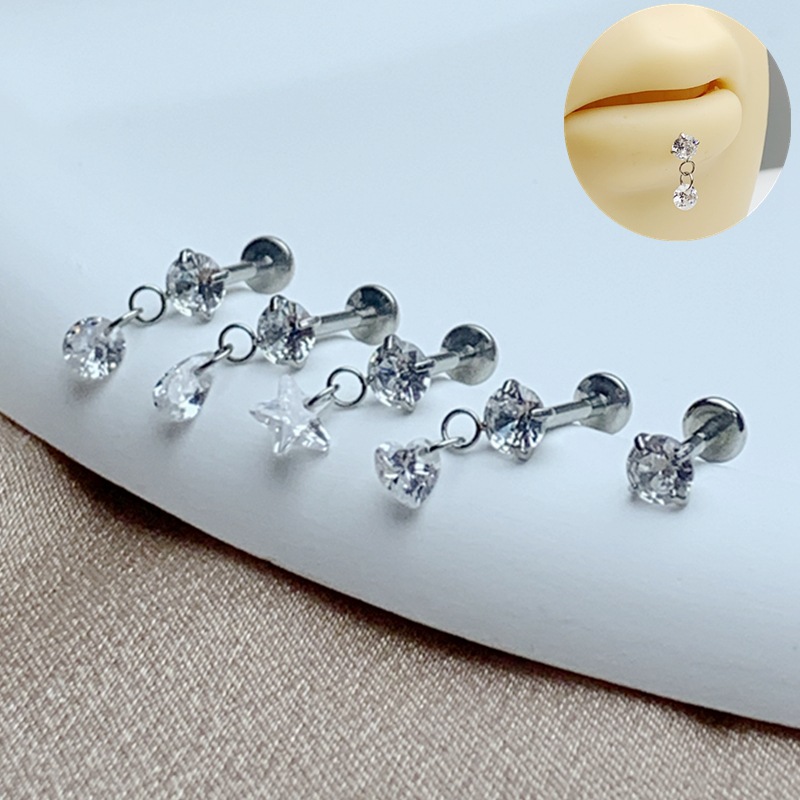 Grenzüberschreitender Lippenpiercing-Stecker aus Edelstahl mit Innengewinde und Zirkonia in Herz-, Quadrat-, Pentagramm- und runder Form_voghion.com