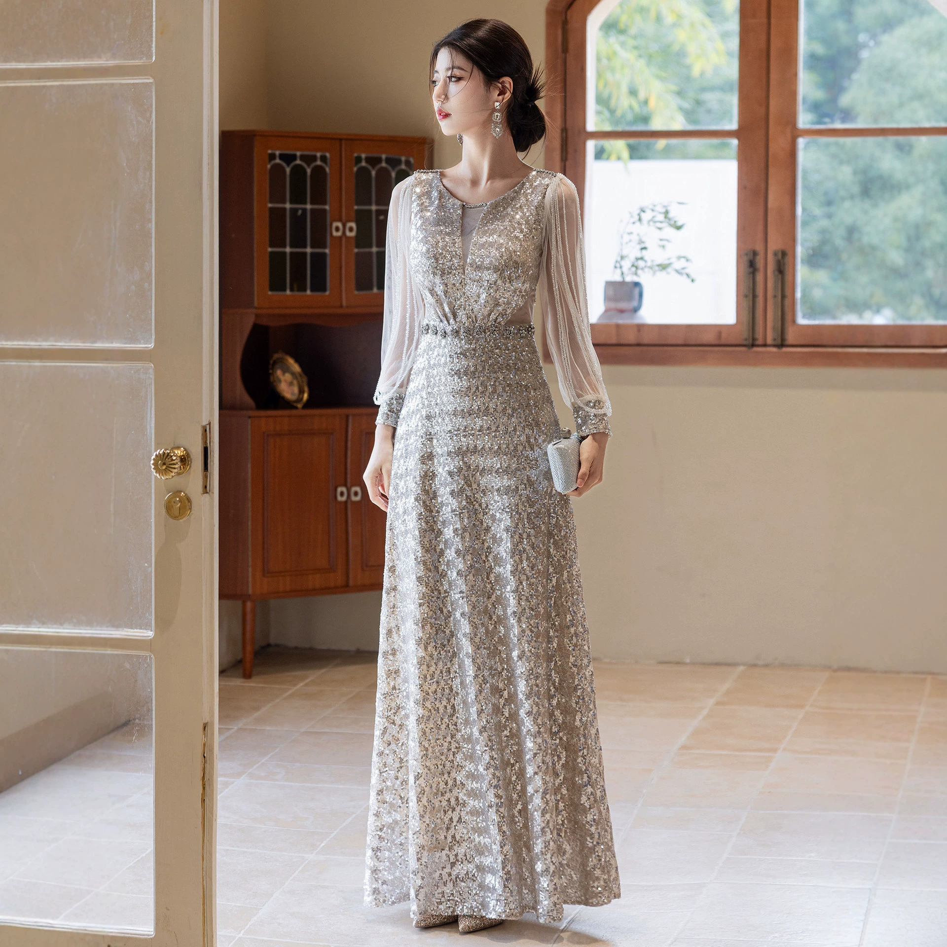 Elegant Sequined Fishtail Evening Dress For Women Slim Fit Wedding Party Wear_ecoleips.com