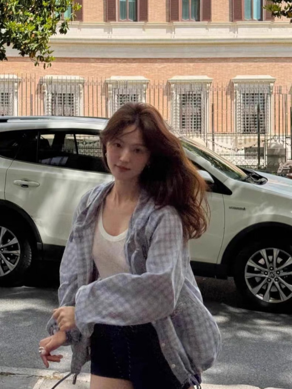 スポット韓国デザイナー ged Hejing 同じスタイルのチェック柄フード付きシャツ韓国女性のカレッジスタイルのルーズシャツ|undefined