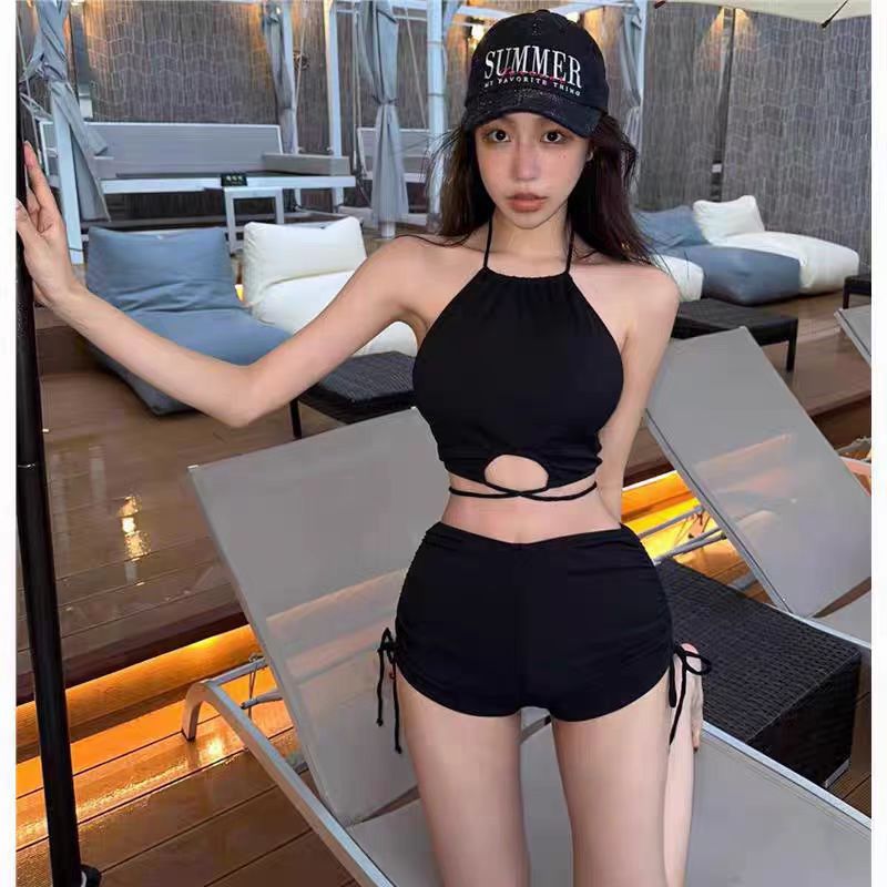 欧美新款泳衣女超性感分体绑带平角裤比基尼挂脖高级感秋冬泡温泉