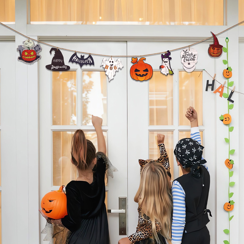 Decoración de Halloween, pequeño cartel de madera colgante, adorno DIY, bandera decorativa, decoración colgante de madera con diseño de calabaza y fantasma de dibujos animados para fiesta de Halloween.