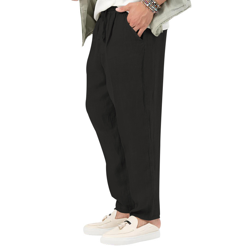 2024 Summer New Thin Men's Fashion Large Solid Casual Drawstring Cotton Hemp Pants_voghion.com