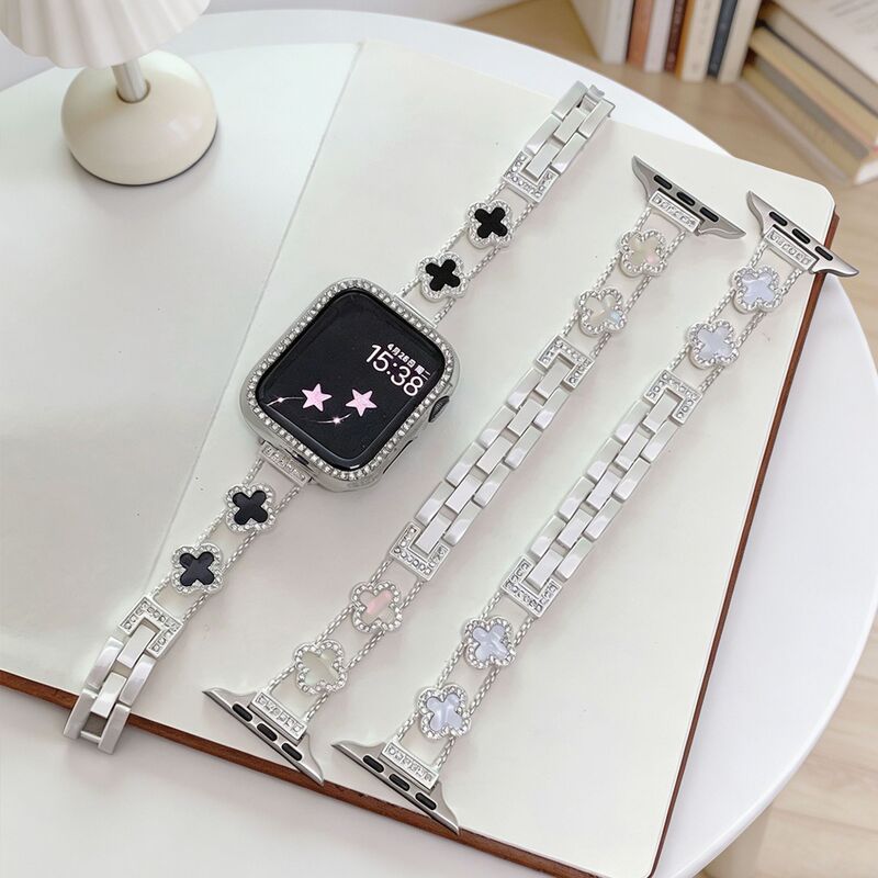 Suitable for Huawei 11, Xiaomi 10, Apple Watch Strap, Applewatch11Se, Pearl Silver Four-Leaf Clover Chain