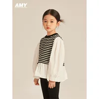 Amybaby рубашки для девочек весна и осень детские длинные рукава в полоску 2024 новый иностранный дикий весенний топ
