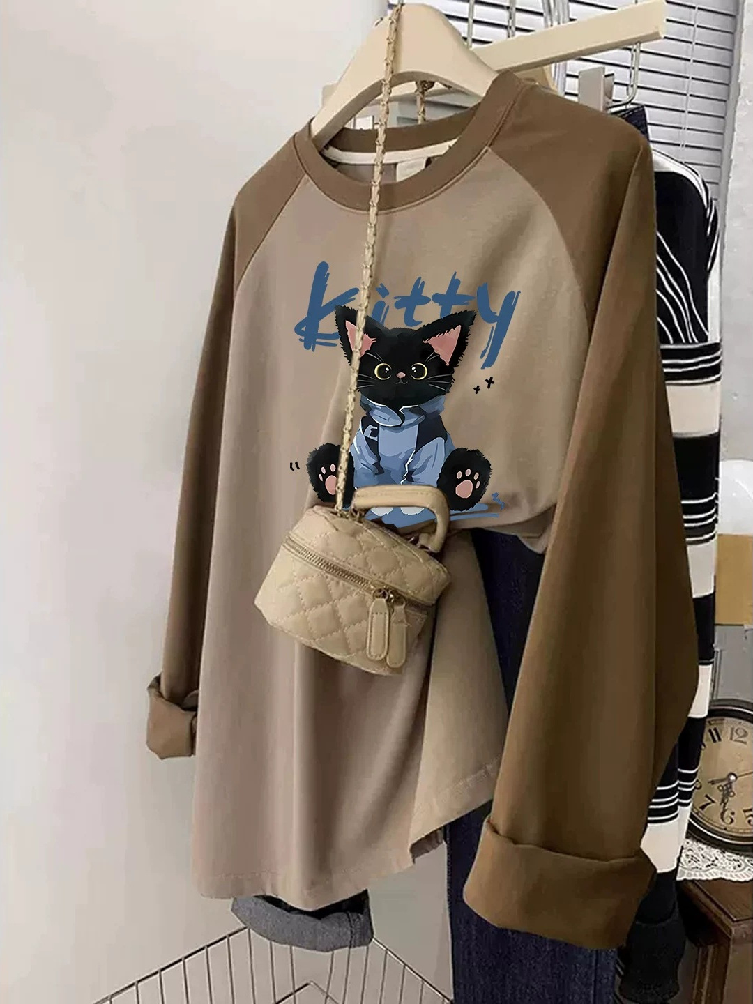 100% Pure Cotton Raglan Long-Sleeved T-Shirt for Women, Spring and Autumn American Style Oversize Inner Layering Shirt, Loose Fit 100kg Top