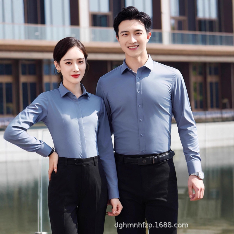 Bamboo Fiber Autum Pure Color New Commuter Blue Long-Sleeved Shirt Workwear Business Professional Wear Men's and Women's Same Style Shirt Bamboo Fiber Autum Pure Color New Commuter Blue Long-Sleeved Shirt Workwear Business Professional Wear Men's and Women's Same Style Shirt