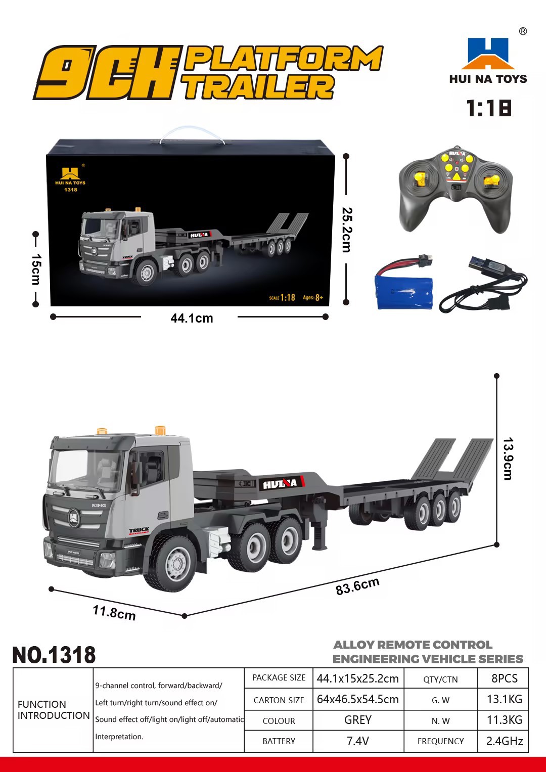 Selección estricta transfronteriza 1: 18 aleación de simulación eléctrica carro plano camión de bomberos camión de ingeniería camión juguetes de control remoto