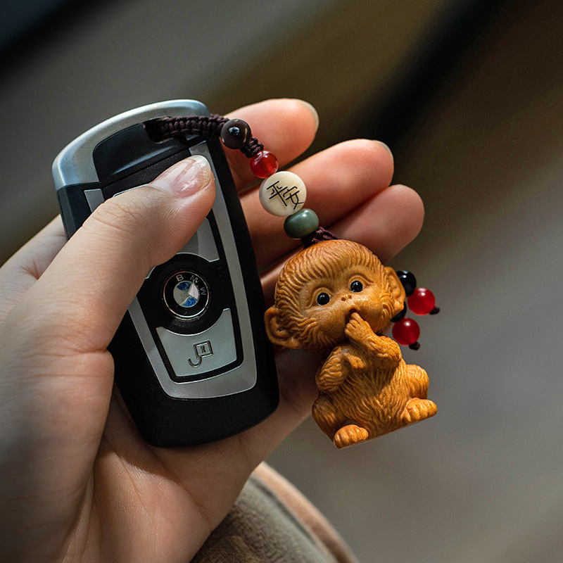 天然セイヨウタチノキのかわいい小さな猿のキーホルダー絶妙なクリエイティブな車のキーペンダント女性のかわいいペットのペンダントギフト|undefined
