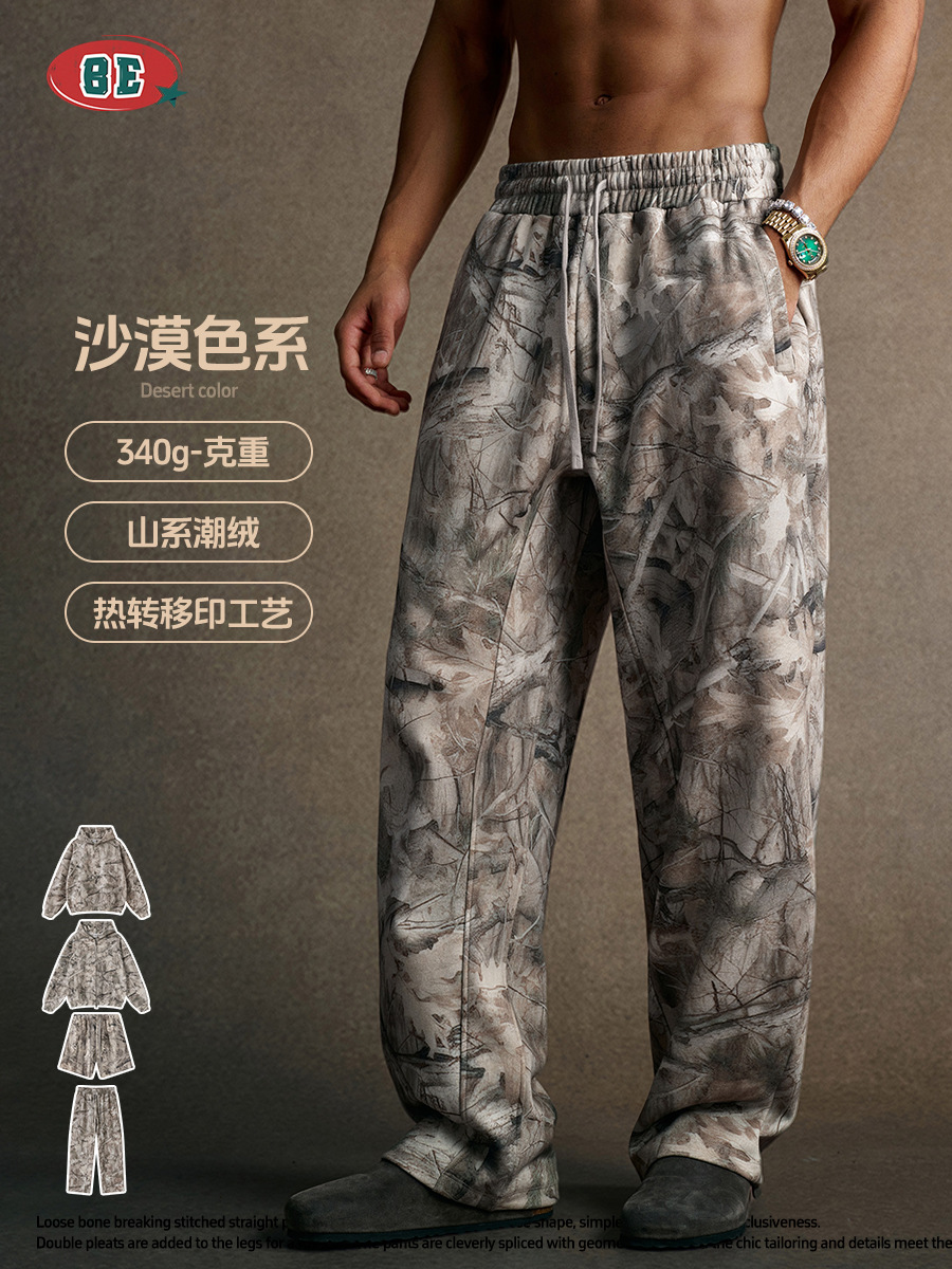 BE ropa de hombre de invierno 2025 marca de moda americana camuflaje con camisa encapuchada de terciopelo, chaqueta, pantalones cortos, set para hombre