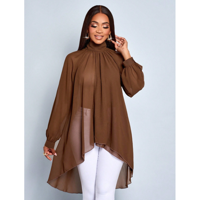 New coffee-colored high-neck chiffon shirt with a stylish, pleated, and asymmetrical hem, offering a loose, slimming fit, and long sleeves, perfect for work