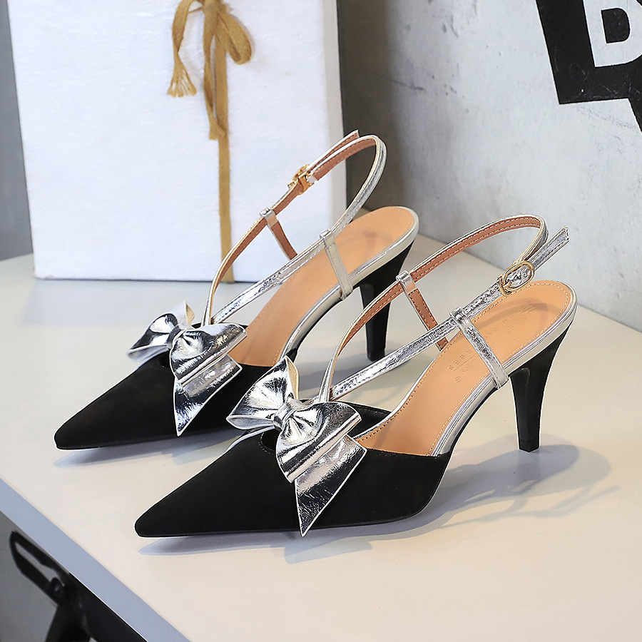 1383-2 French Style Banquet Velvet Pointed High Heels One-Strap Color-Block Bowknot Single Hollow Women's Shoes_vogvips.com