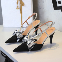 1383-2 French banquet suede pointed high-heeled shoes with a single button, color blocking butterfly bow, single shoe, hollowed out women's shoes