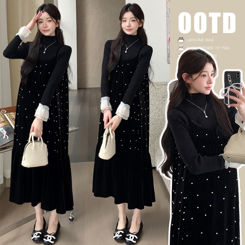 Cat Single [Notting Monologue] XMF's maternity wear: mid-length, outer-wear, suspender-style velvet dress set