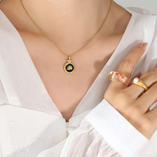 跨境热销个性不掉色小众设计法式复古玫瑰花滴油锆石圆牌吊坠项链