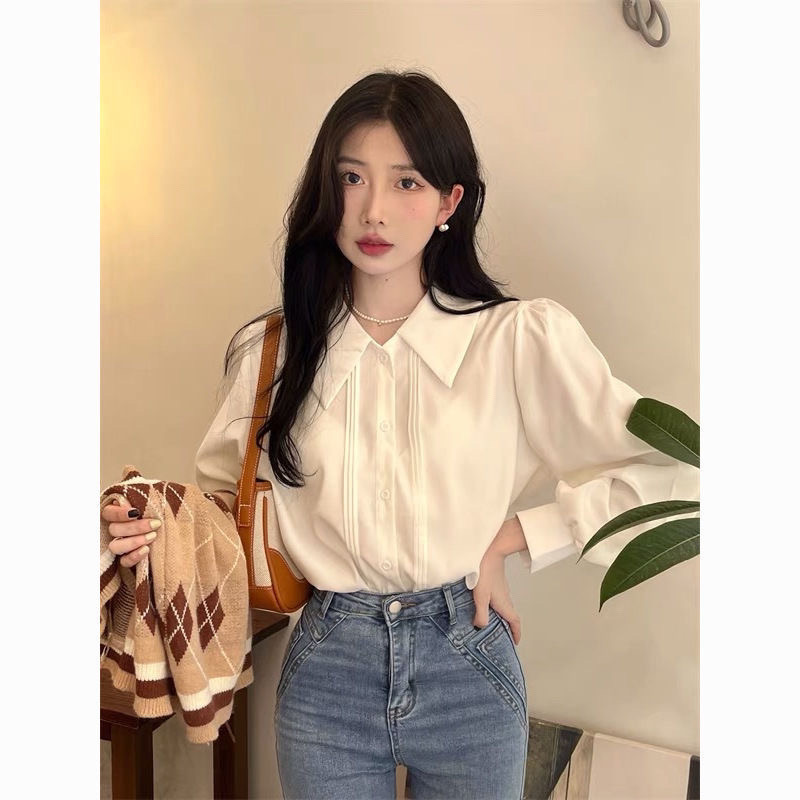 ドールカラーの白いシャツ、女性用春夏の新しいレイヤードオルガンプリーツシャツ、シックなデザインの長袖トップ|undefined