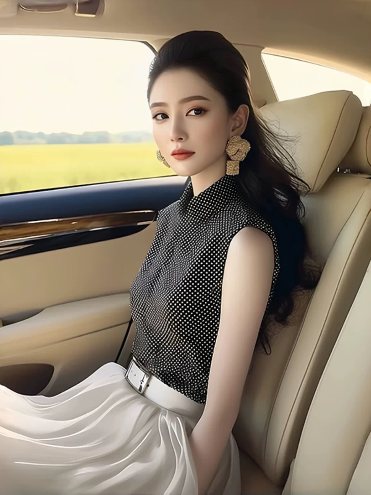 Áo sơ mi không tay nữ kiểu Pháp chấm bi đen ôm nhẹ — màu đen