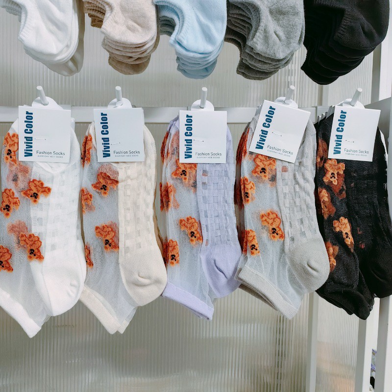 Mesh Crystal Stockings South Korea Socks Women's Vivid Summer Thin Cute Bear Thin Cotton Bottom Breathable Short Socks