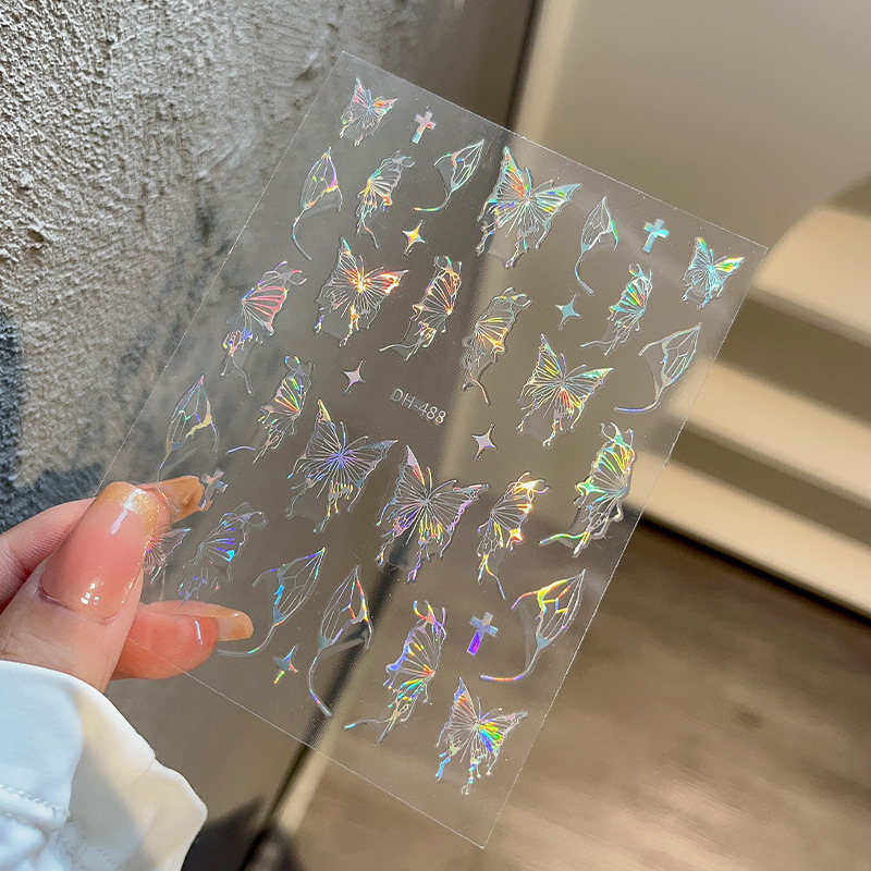 液体の蝶のネイルシールの立体レーザーと金銀の白黒の蝶の薄い靭性帯のゴムを背負って花の爪を貼って卸売りを貼ります。|undefined