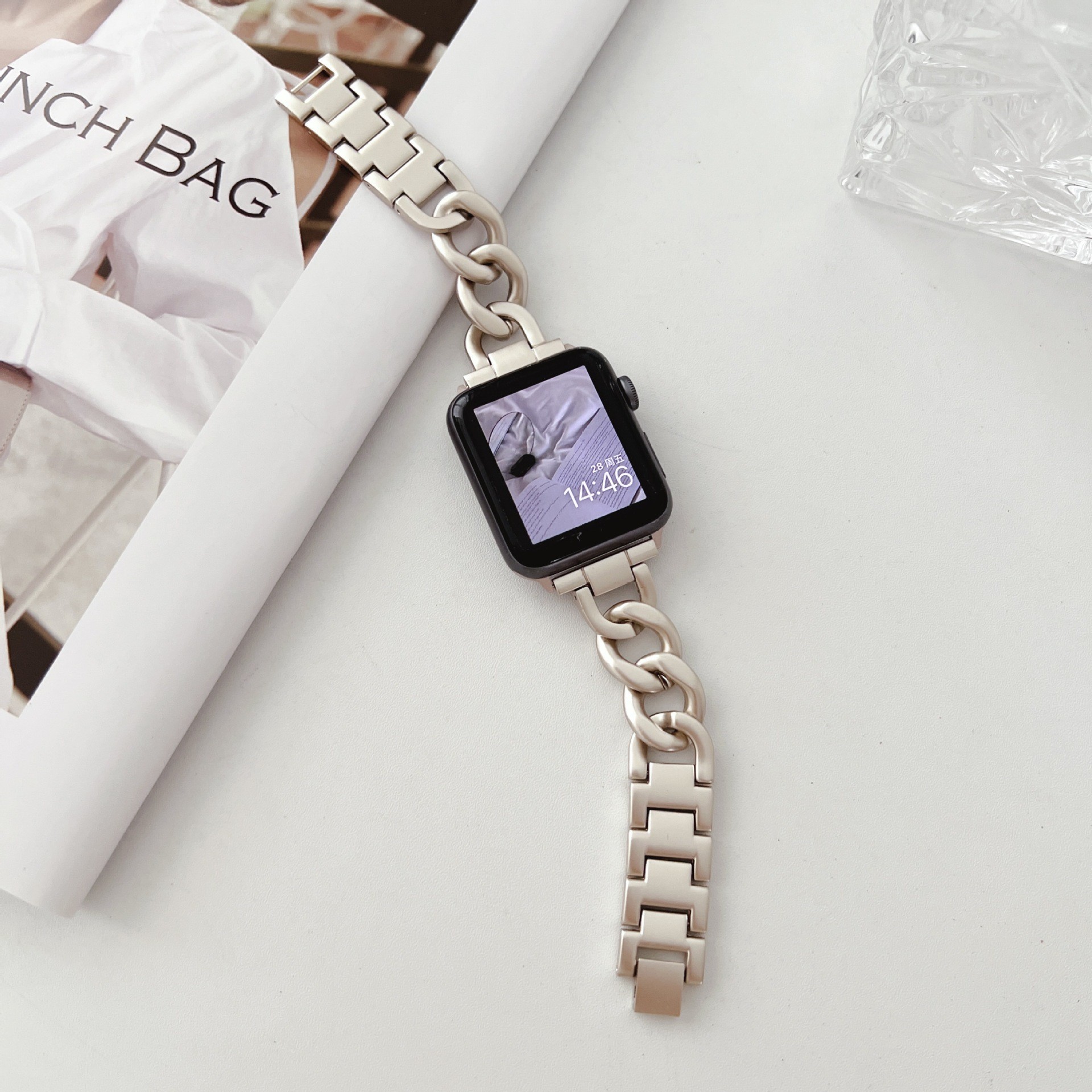 Correa de acero con cadena de mezclilla de una sola fila adecuada para Apple Watch 678910 generación, correa de cadena iWatch S10, correa de metal.