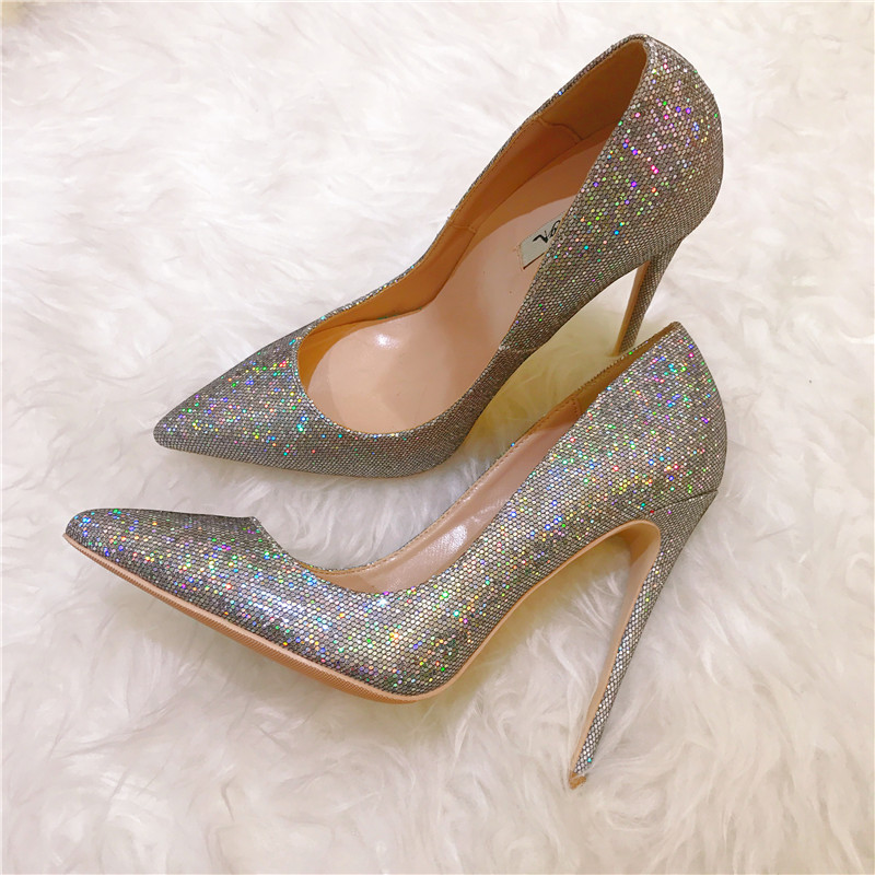 Korean Style New Arrival silver Colorful Sequins Crystal Shoes Shallow Mouth Pointed Toe Stiletto Heels Women's Single Shoes Wedding Shoes Bridal Shoes