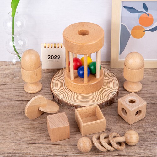 Montessori Baby Rattles Car Model Building Blocks Shape Recognition Teething Stick Soothing Toy Early Learning Educational Toy