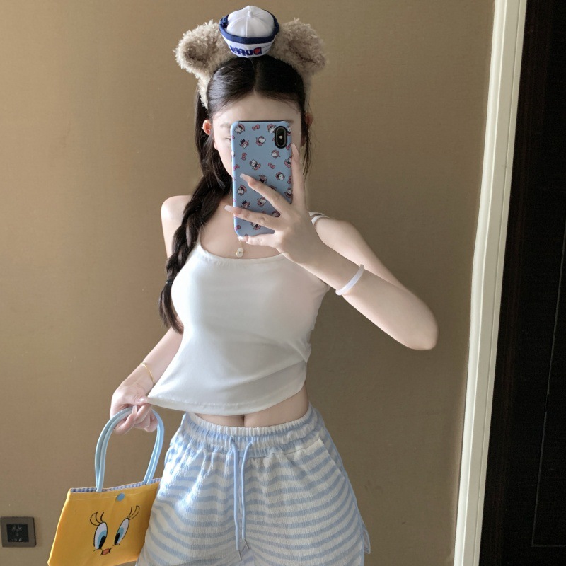 여름 조끼 반바지 잠옷 여성 캐주얼 민소매 솔리드 컬러 바닥 슬링 탑 가슴 패드 홈웨어 스트라이프 바지