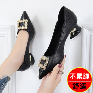 Pointed Chunky Heel Single-layer Shoes Women's Mid-heel 2023 New Spring and Autumn Shallow Mouth Soft Bottom All-match Rhinestone Elegant Work High-heeled Shoes