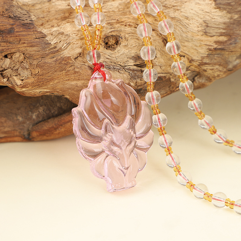 Rose Quartz And Obsidian Nine-tailed Fox Pendant Necklace Unisex_voghion.com