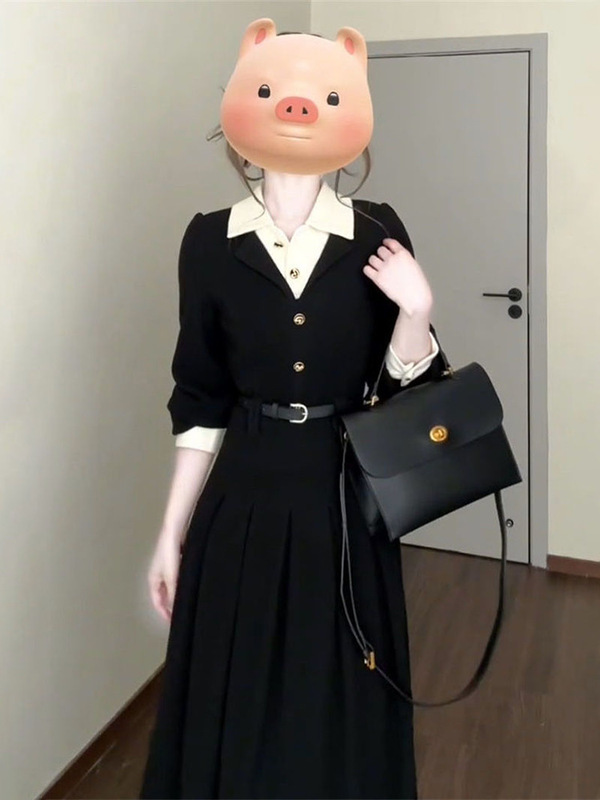 春季法式排扣polo领牛仔连衣裙女学生高级感复古时尚修身显瘦长裙|undefined