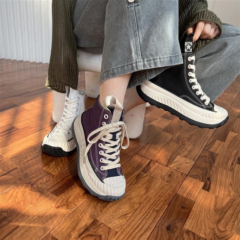 Canvas Shoes Women's High-Top 2024 Spring & Fall Design Casual Sports Sneakers Thick-Soled Heightening White Shoes Fleece-Lined Short Boots