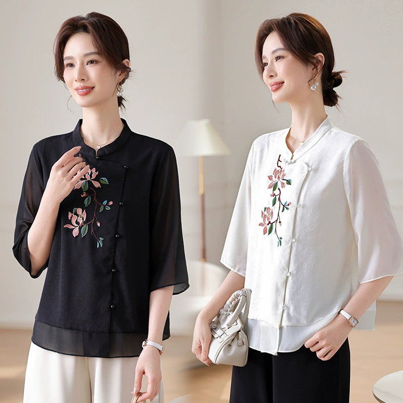 Женская одежда 2025, рубашка весна-осень, новый стиль, свободные топы для женщин среднего и старшего возраста, вышитые рубашки для пожилых, мода