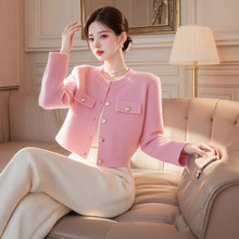 秋季穿搭一整套漂亮女装高端时尚气质小香风粉色针织开衫裤子套装