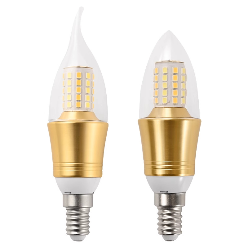 Luz de vela LED, base de tornillo E14 dorada, bombilla puntiaguda de bajo consumo E27, fuente de luz de repuesto para candelabro doméstico ultrabrillante, bombilla tipo vela.